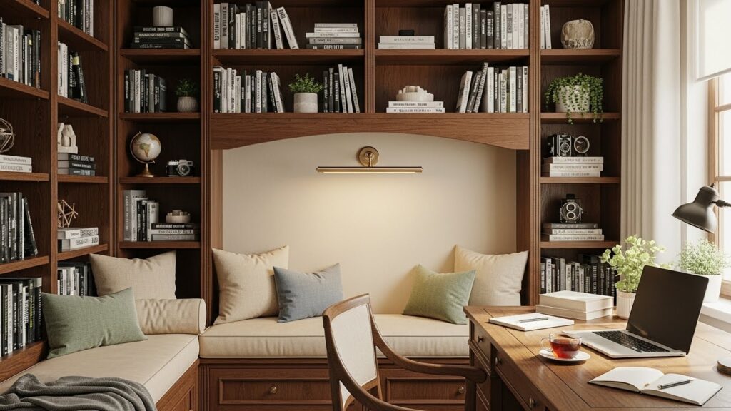 Built-In Seating Beneath Library Shelves