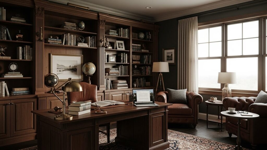 Dark Wood Home Office Library for Depth and Focus