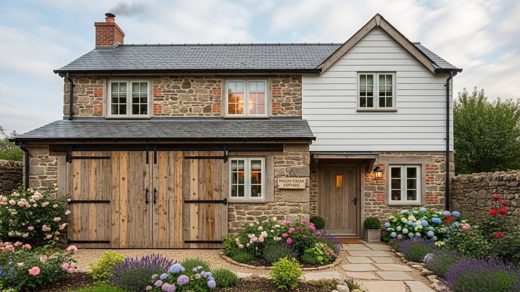 Farmhouse Cottage Exterior with Barn-Style Doors