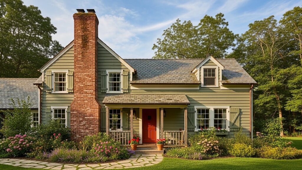 Farmhouse Cottage Exterior with Brick Chimney