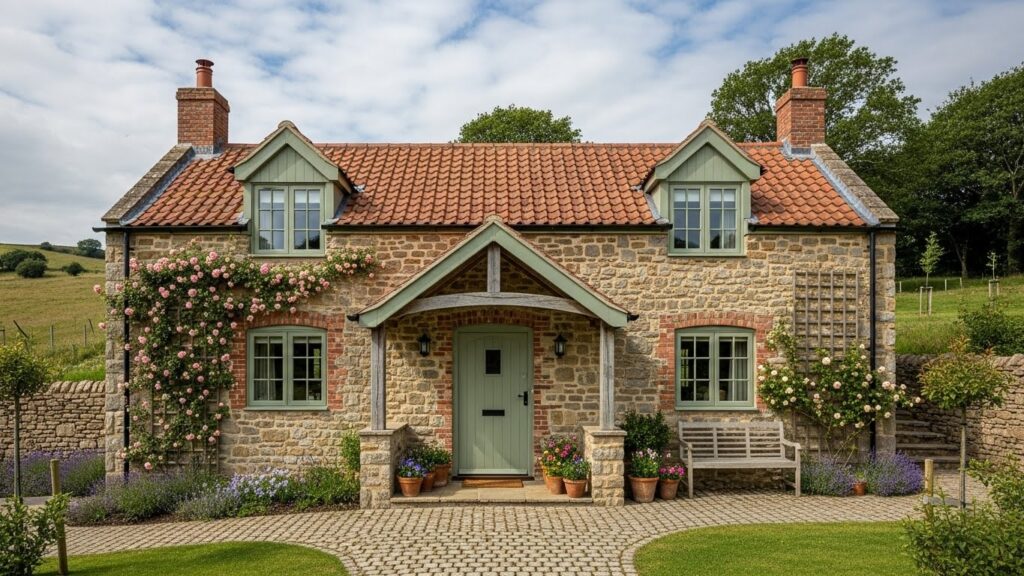 Farmhouse Cottage Exterior with Earthy Color Palette