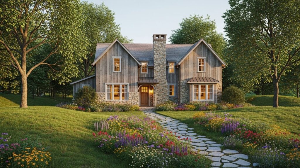 Farmhouse Cottage Exterior with Natural Landscaping