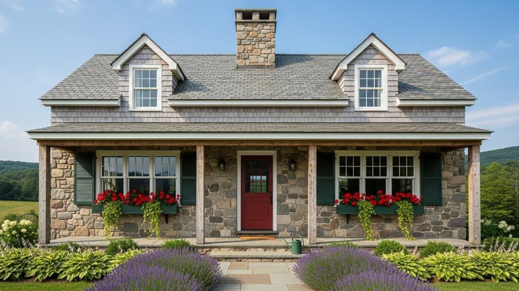Farmhouse Cottage Exterior with Natural Stone Foundation