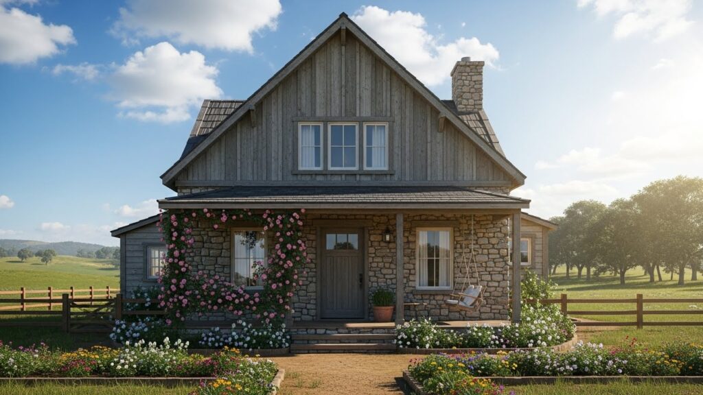 Farmhouse Cottage Exterior with Open Outdoor Space