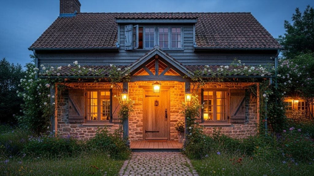 Farmhouse Cottage Exterior with Rustic Lighting