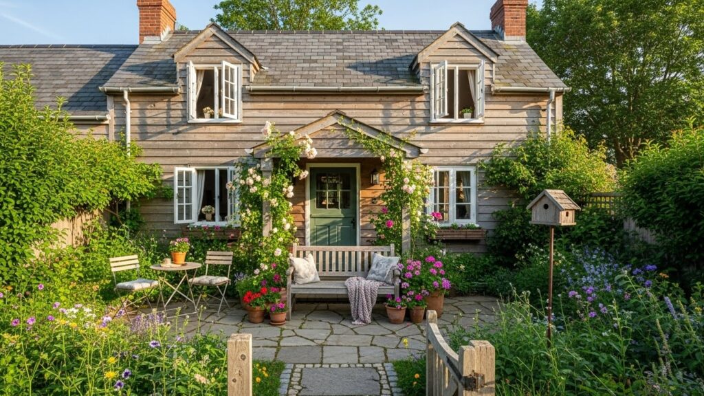 Farmhouse Cottage Exterior with Small Patio