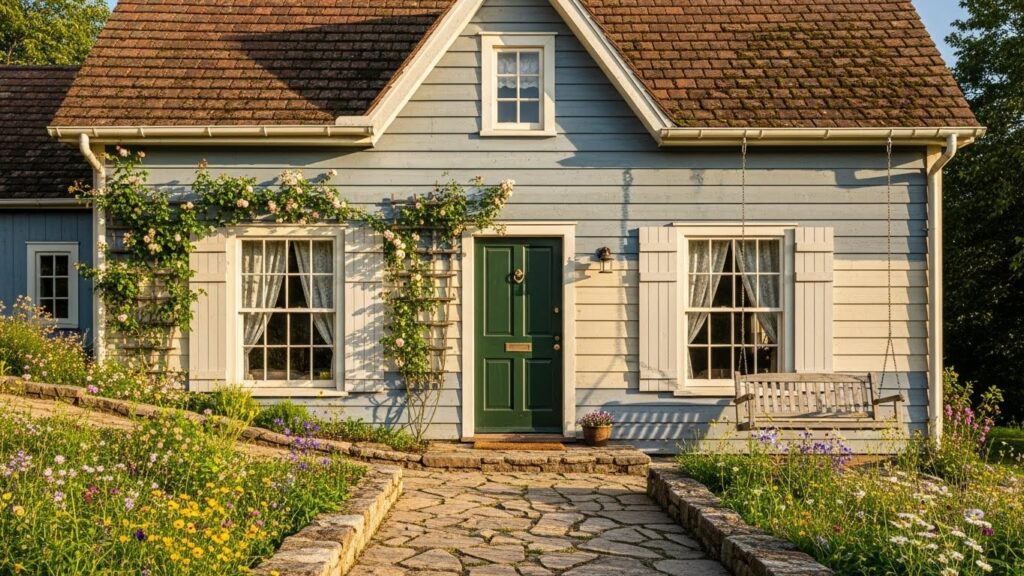 Farmhouse Cottage Exterior with Soft Pastel Colors