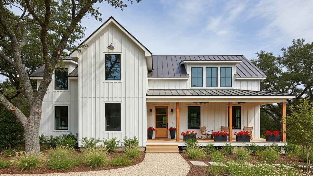 Farmhouse Cottage Exterior with Vertical Siding