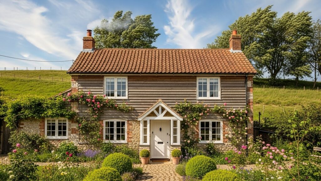 Farmhouse Cottage Exterior with Wooden Window Frames