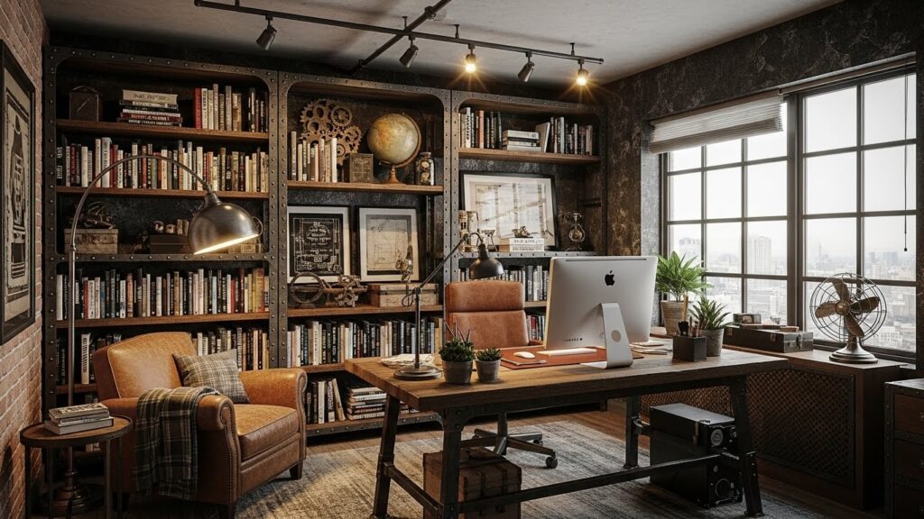 Industrial Library Office with Metal Accents