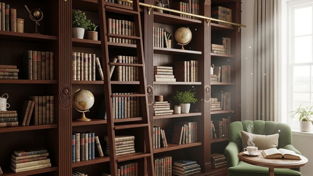 Ladder-Style Library Shelving for Vertical Organization