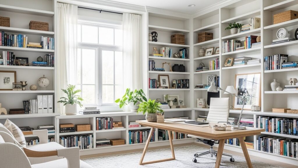 Light and Airy Library Office with White Shelving