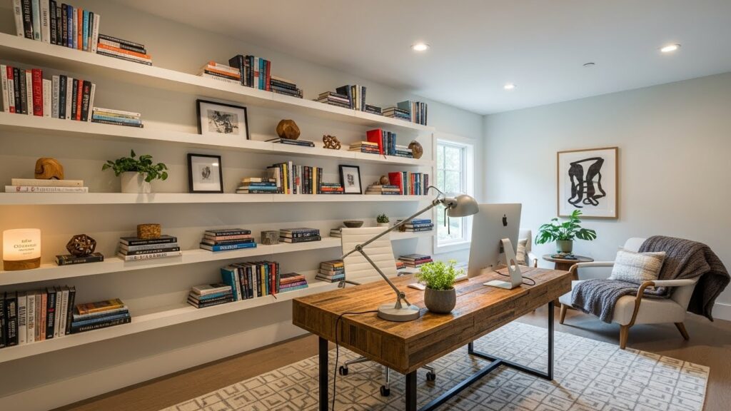 Modern Floating Shelves for a Clean Library Look
