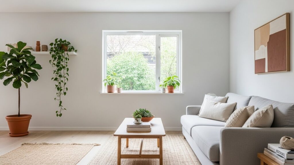 Natural Minimalist Living Room With Greenery