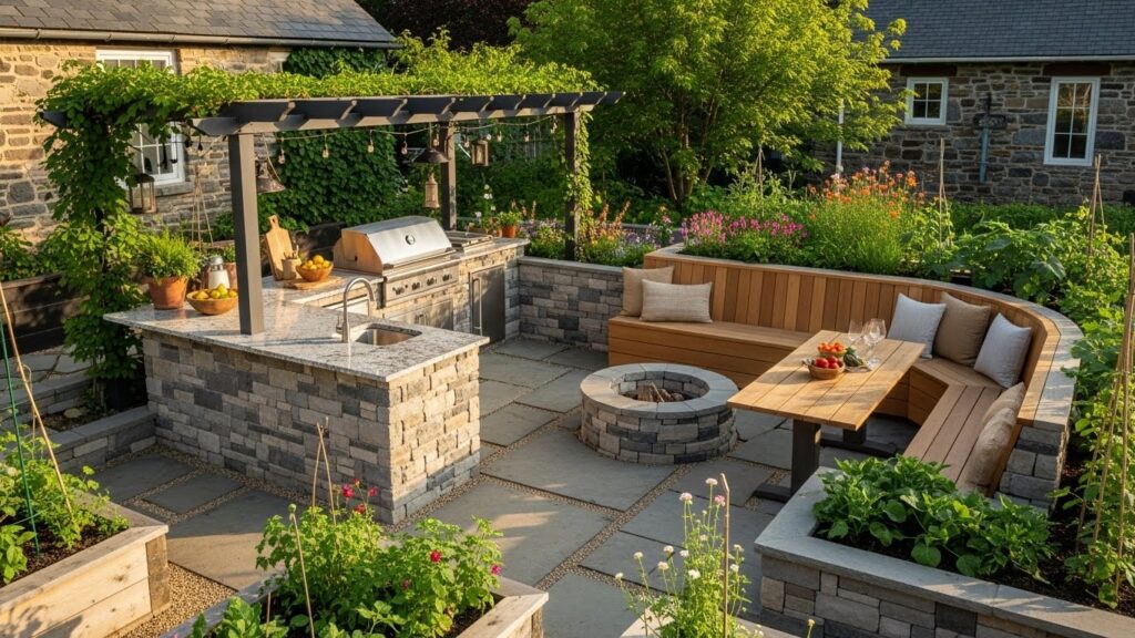 Outdoor Kitchen with Built-In Bench Seating