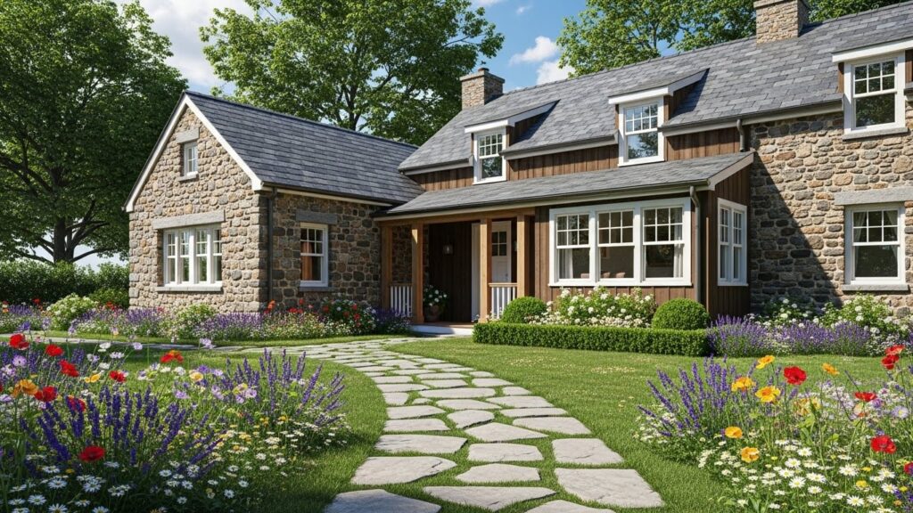 Rustic Farmhouse Cottage Exterior with Stone Pathways