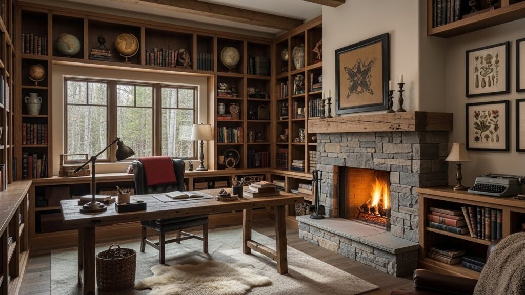 Rustic Home Office Library with Natural Materials