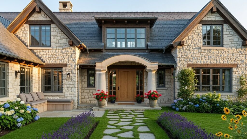 Farmhouse Cottage Exterior with Wooden Beams